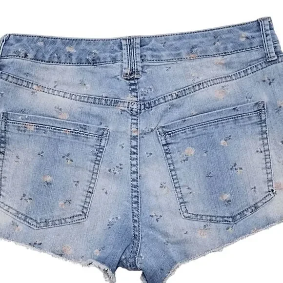 Wild Fable Rose Print Denim Jean Cut Off Shorts Jr Sz 9 Raw Fringe Hem - Picture 7 of 10